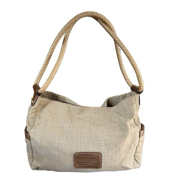 Relic Purse Beige Canvas Tea Rose Appliqué Double Shoulder Strap Hobo Handbag - Picture 3 of 14
